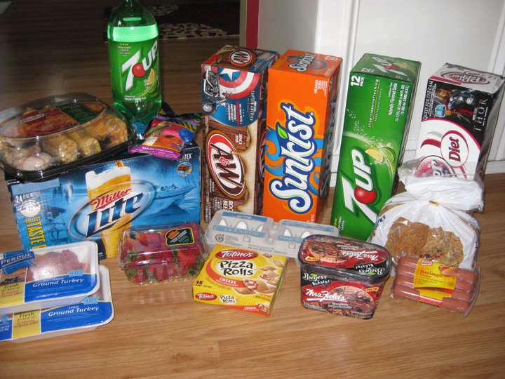 Loot includes: Hormel party tray, balloons, liter of 7up, 12 packs of pop (4), 24 pk of Miller Lite bottles, 2 lbs ground turkey, strawberries, eggs, pizza rolls, hot dogs & buns, ice cream. Total cost: $7.23 